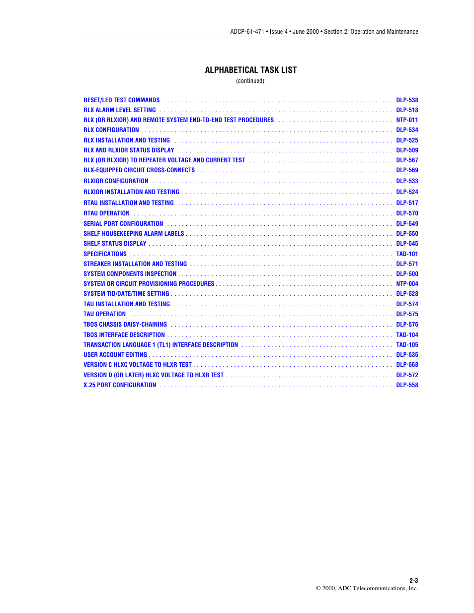 Alphabetical task list | ADC Soneplex Broadband System User Manual | Page 26 / 342