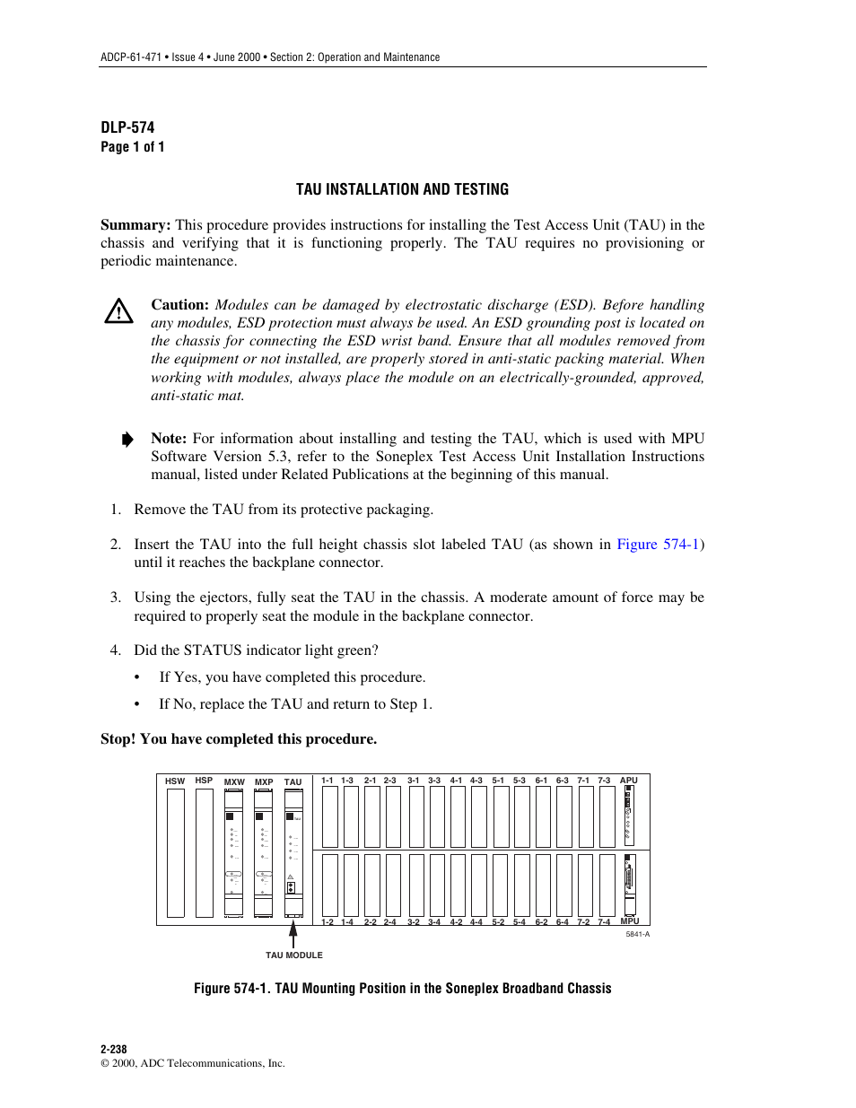 Tau installation and testing, Dlp-574 | ADC Soneplex Broadband System User Manual | Page 261 / 342