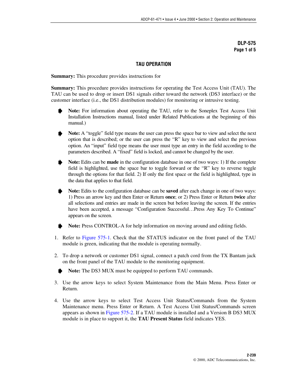 Tau operation, Dlp-575 | ADC Soneplex Broadband System User Manual | Page 262 / 342