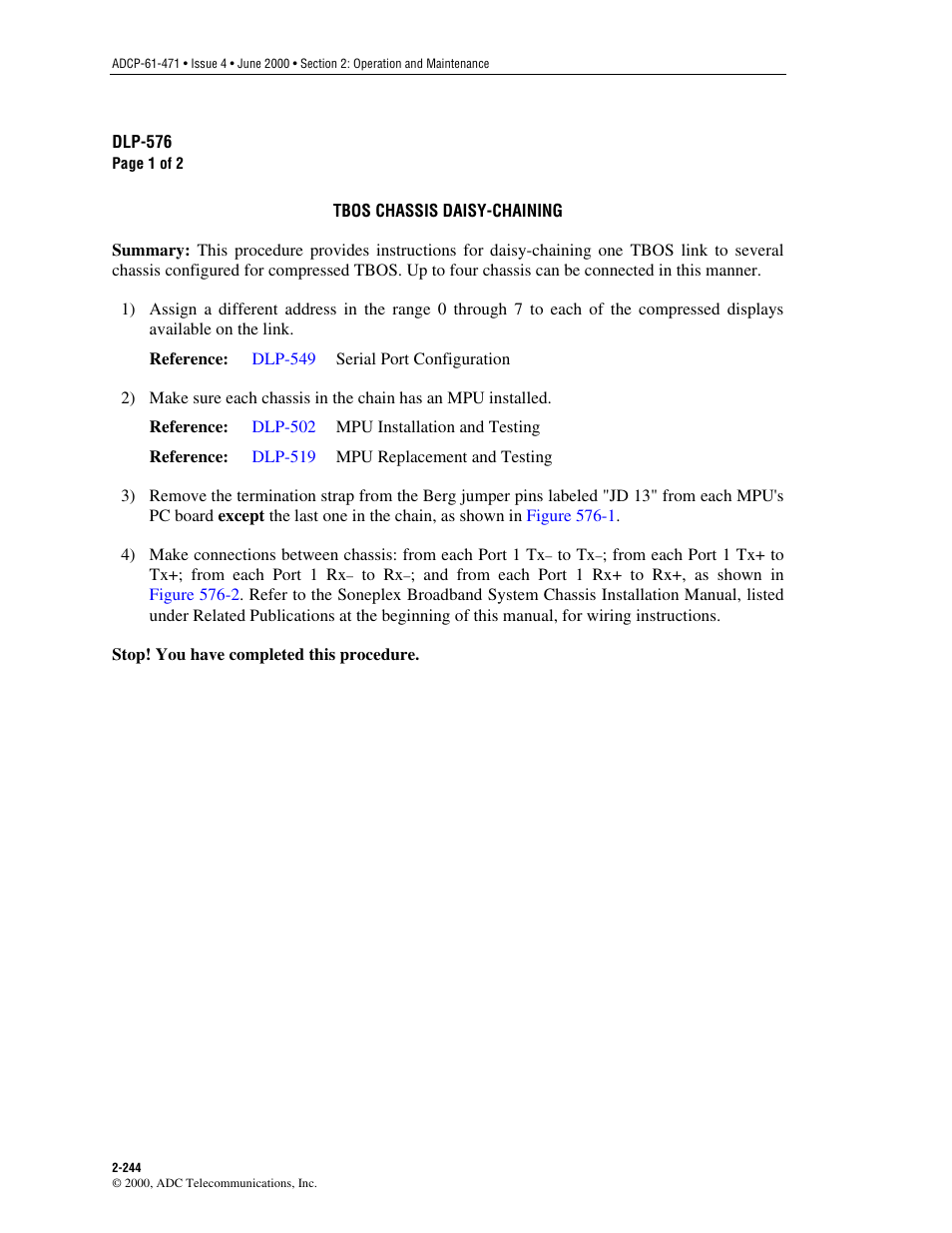 Tbos chassis daisy-chaining, Dlp-576 | ADC Soneplex Broadband System User Manual | Page 267 / 342