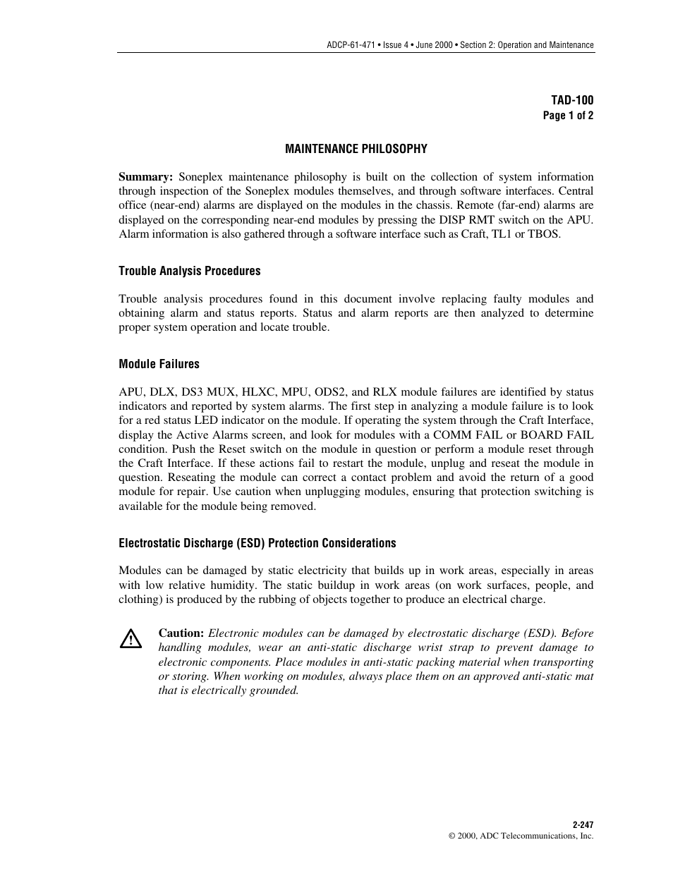 Tads, Maintenance philosophy, Tad-100 | ADC Soneplex Broadband System User Manual | Page 270 / 342