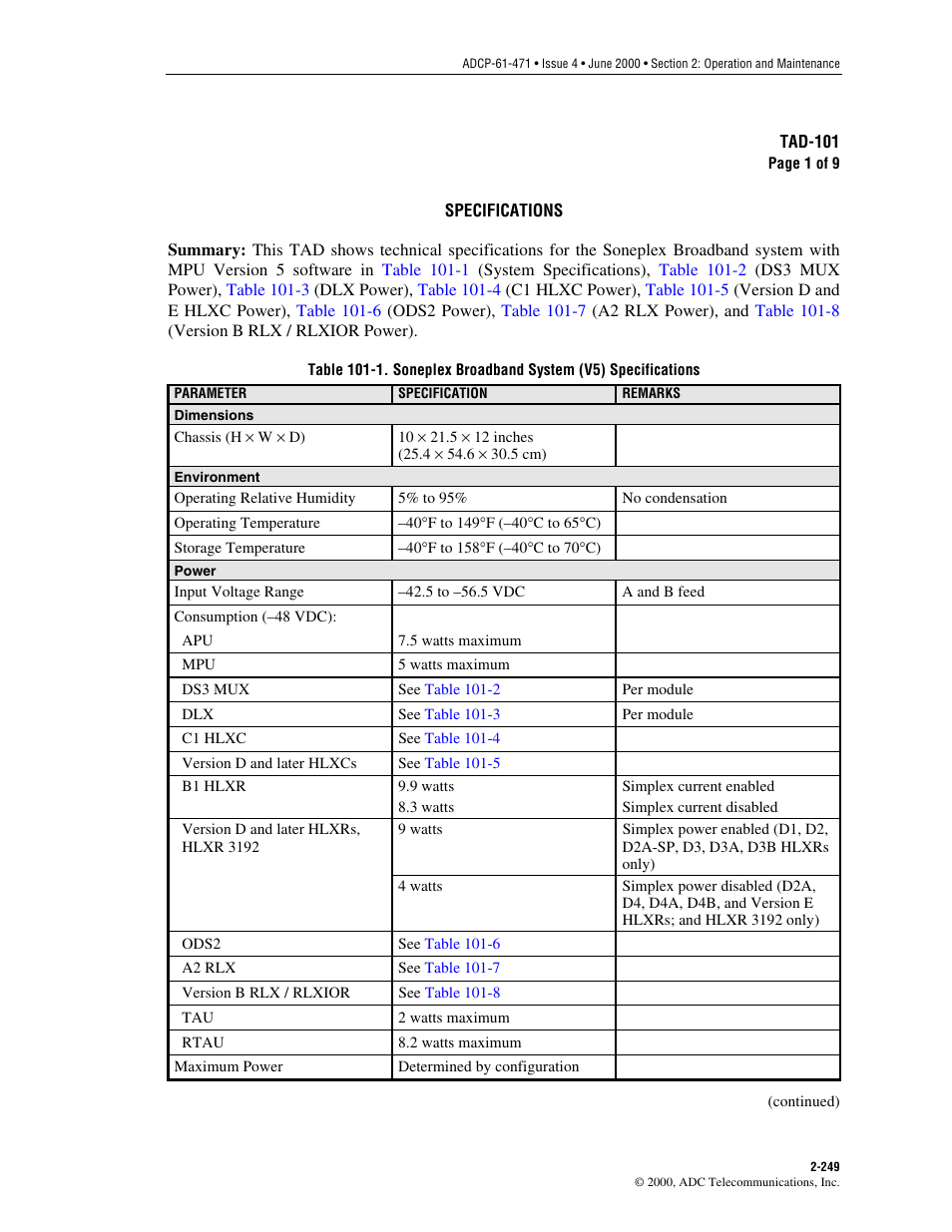 Specifications, Tad-101 | ADC Soneplex Broadband System User Manual | Page 272 / 342