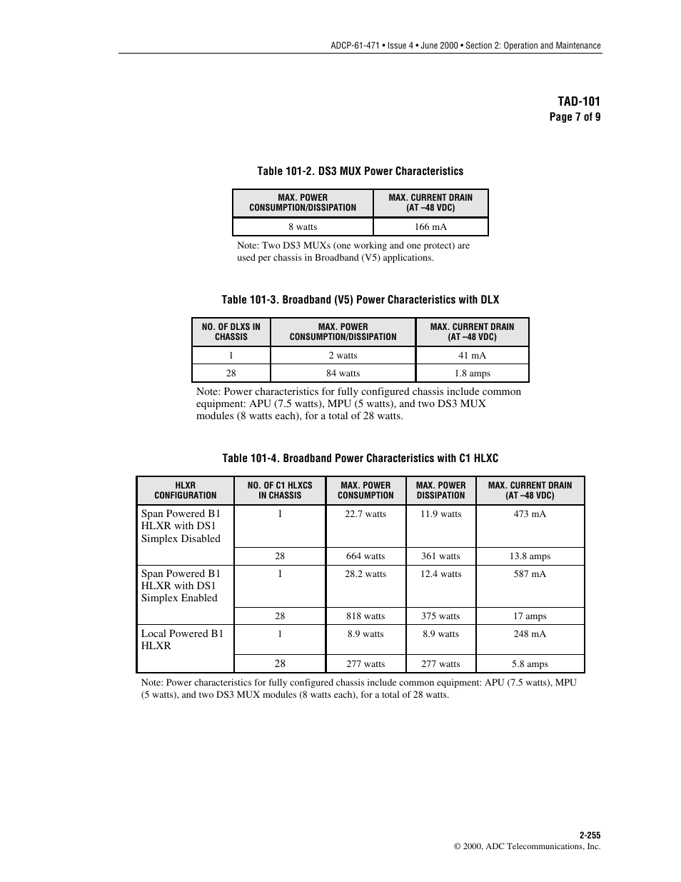 System specifications), Table 101-2, Ds3 mux | Power), Table 101-3, Table 101-4, C1 hlxc power), Tad-101 | ADC Soneplex Broadband System User Manual | Page 278 / 342