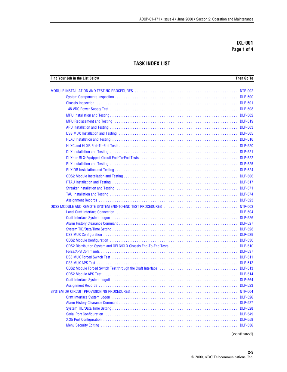 Task index list, Ixl-001 | ADC Soneplex Broadband System User Manual | Page 28 / 342