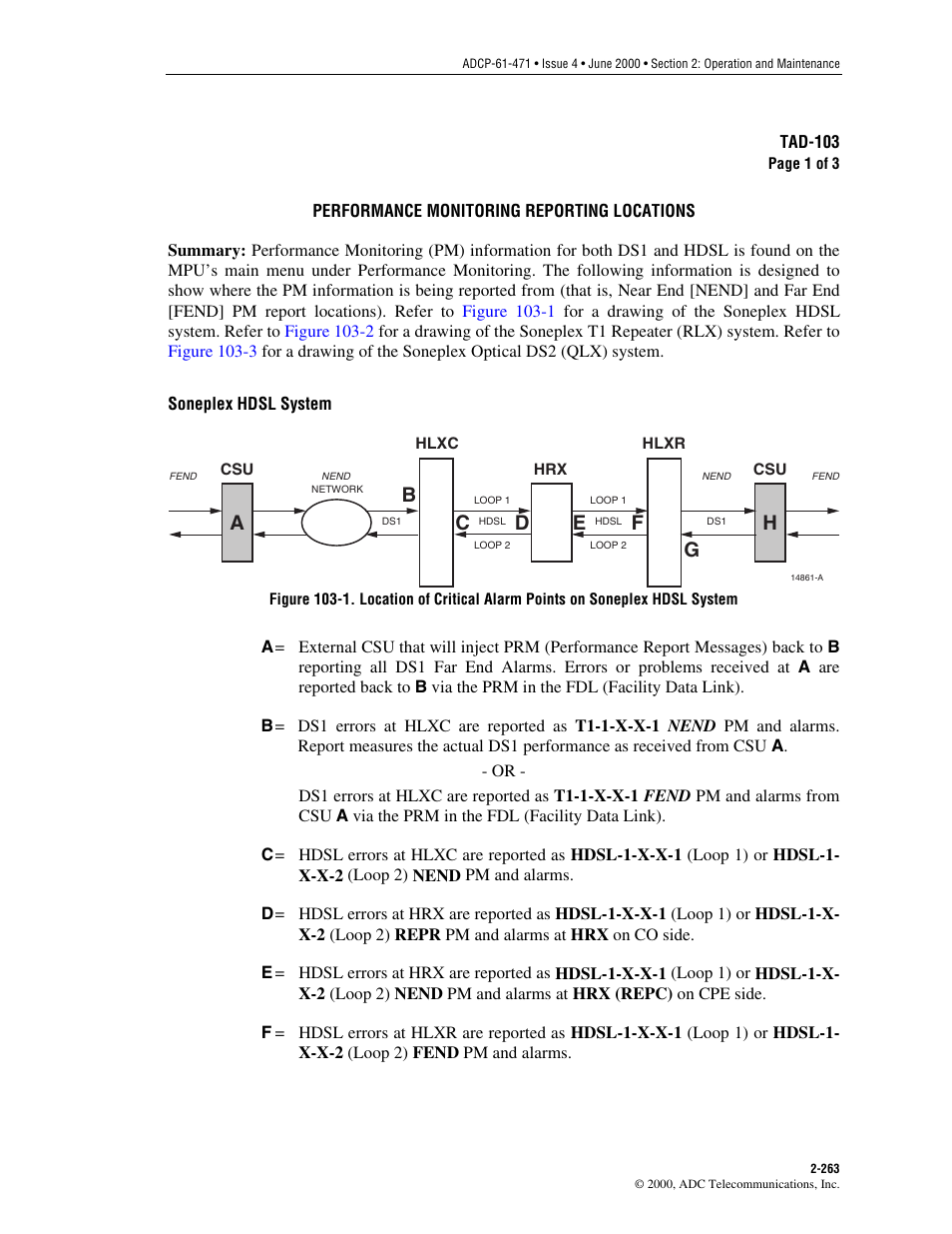 Performance monitoring reporting locations, Tad-103 | ADC Soneplex Broadband System User Manual | Page 286 / 342