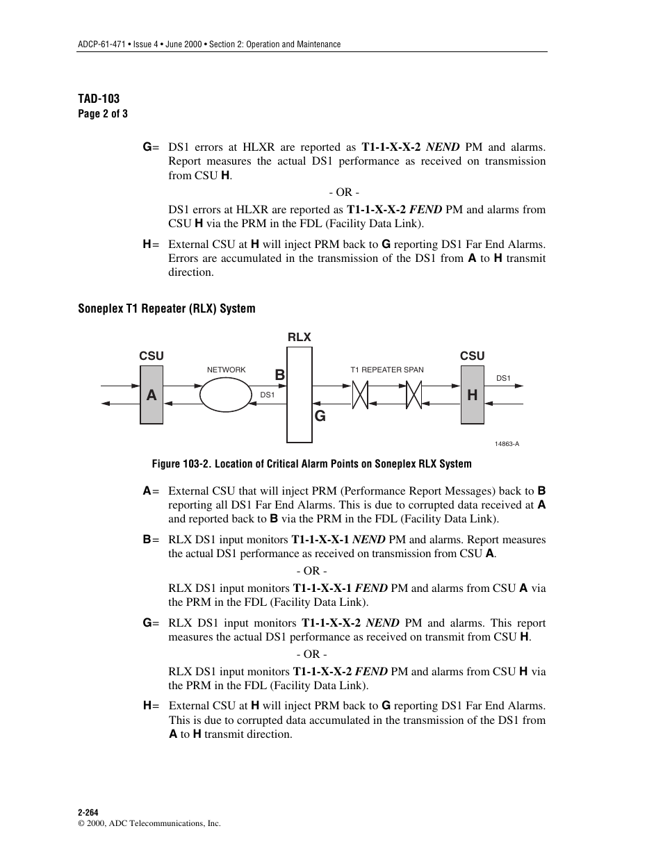 System. refer to, Figure 103-2, For a drawing of the soneplex t1 repeater (rlx) | ADC Soneplex Broadband System User Manual | Page 287 / 342