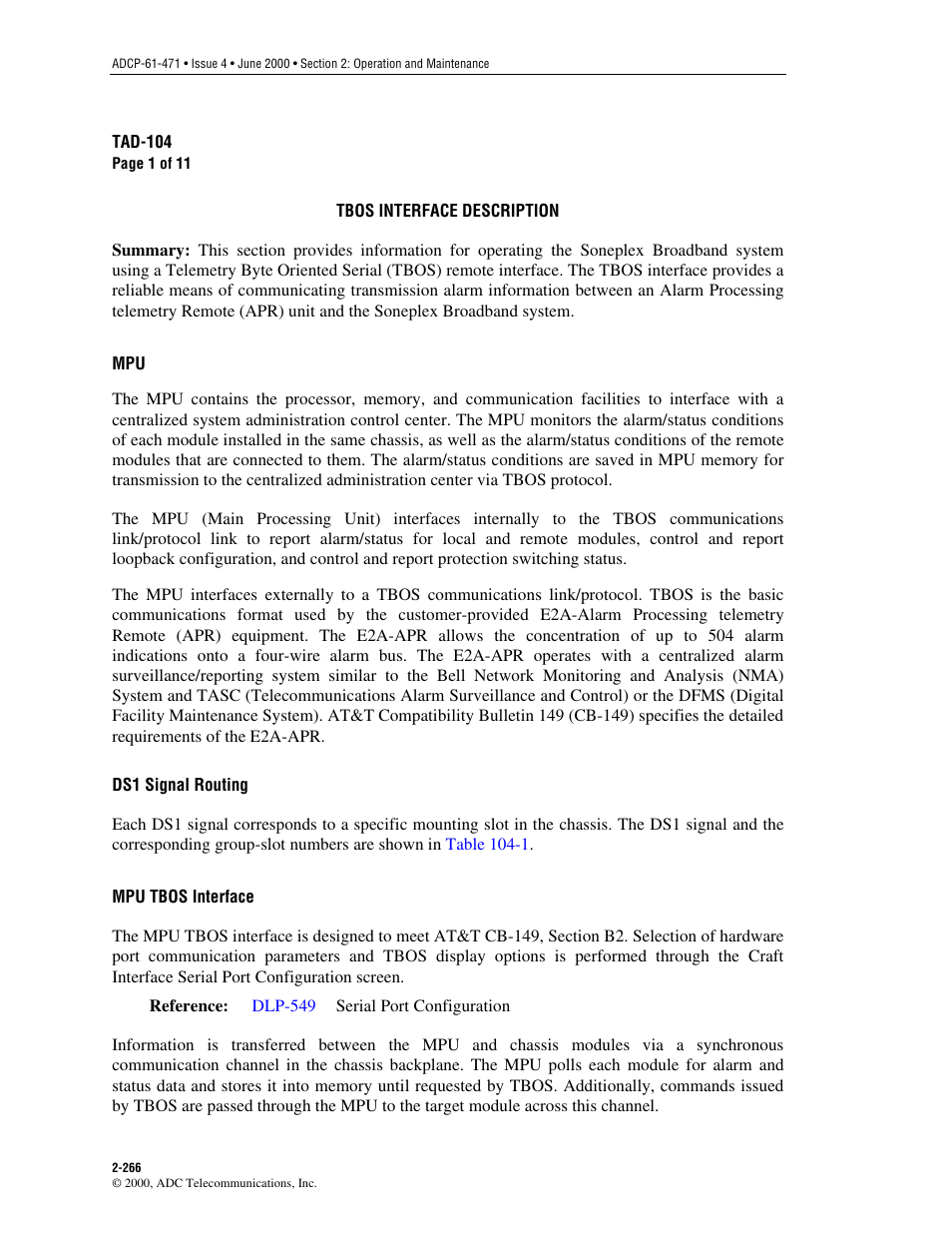 Tbos interface description, Tad-104 | ADC Soneplex Broadband System User Manual | Page 289 / 342