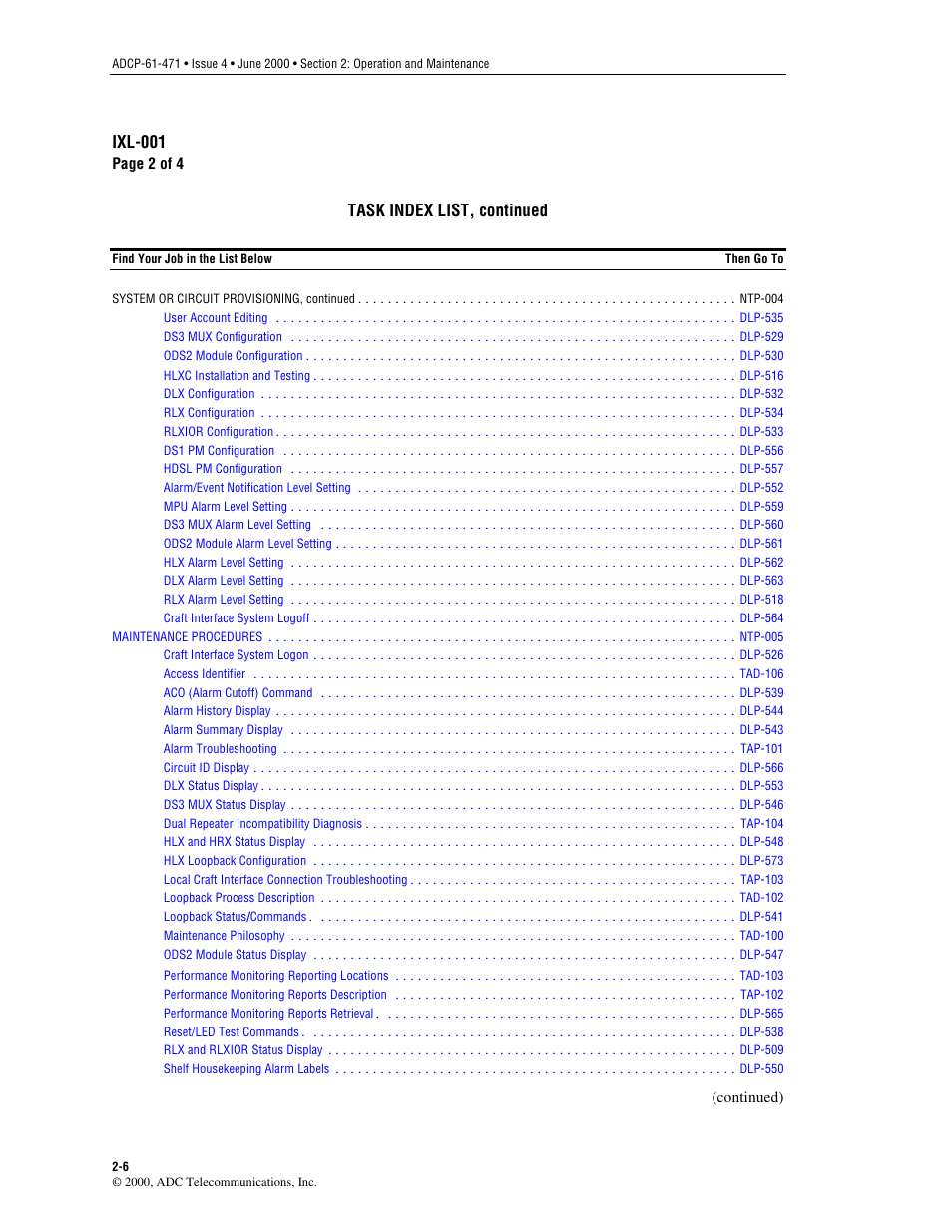 Ixl-001, Task index list, continued | ADC Soneplex Broadband System User Manual | Page 29 / 342