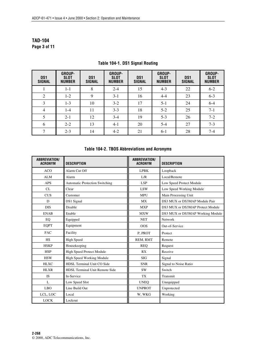 Corresponding group-slot numbers are shown in, Table 104-1, Table 104-2 | Tad-104 | ADC Soneplex Broadband System User Manual | Page 291 / 342