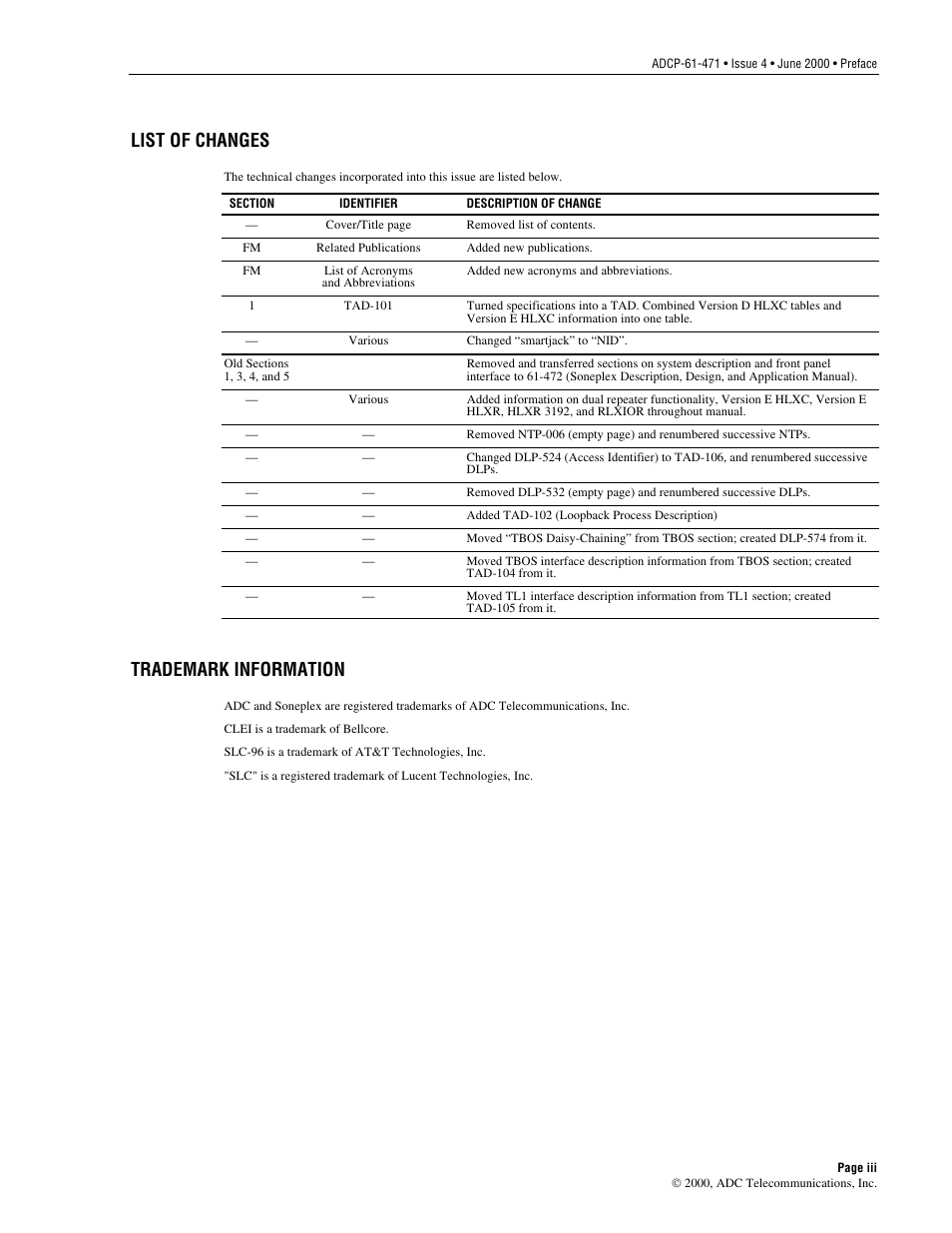 List of changes, Trademark information | ADC Soneplex Broadband System User Manual | Page 3 / 342