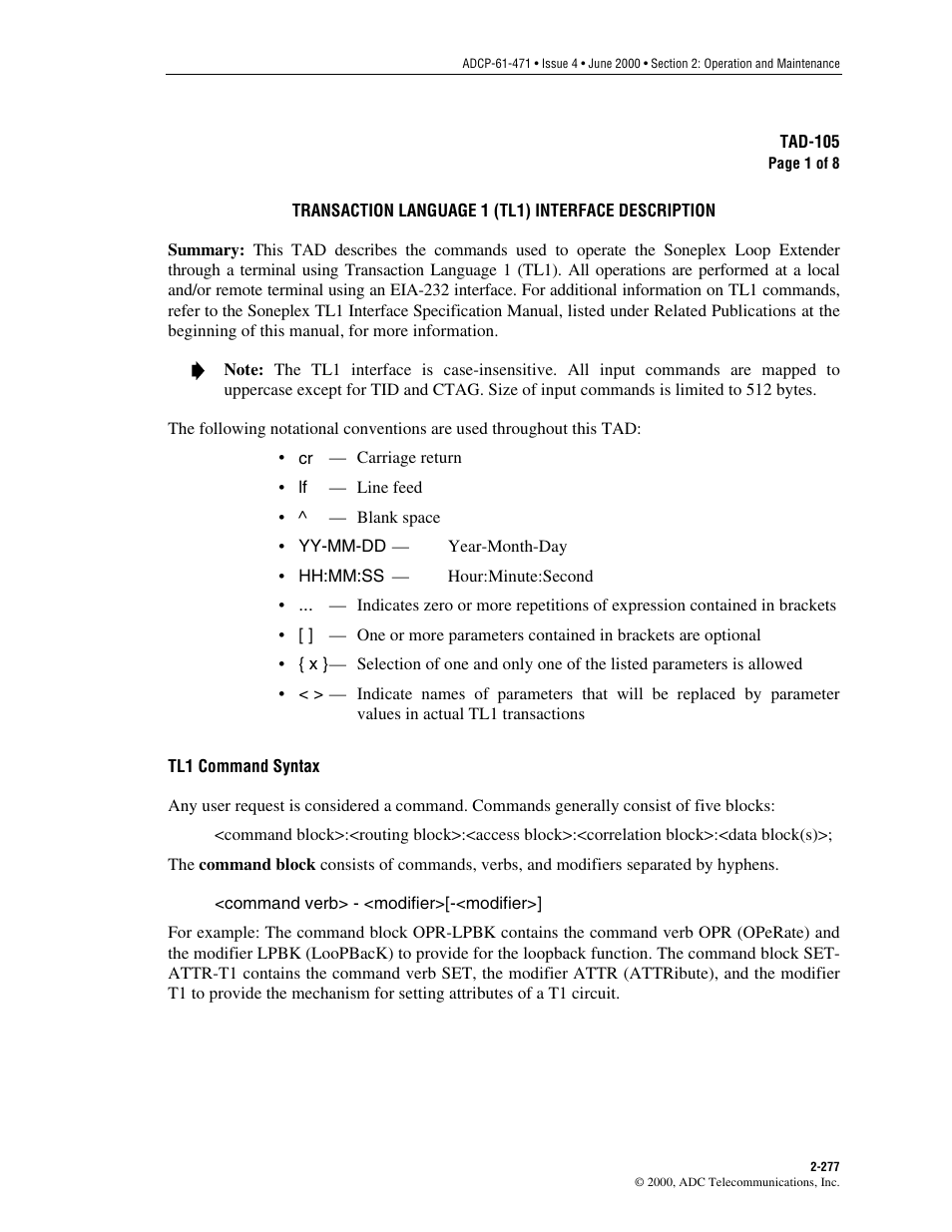 Transaction language 1 (tl1) interface description, Tad-105 | ADC Soneplex Broadband System User Manual | Page 300 / 342