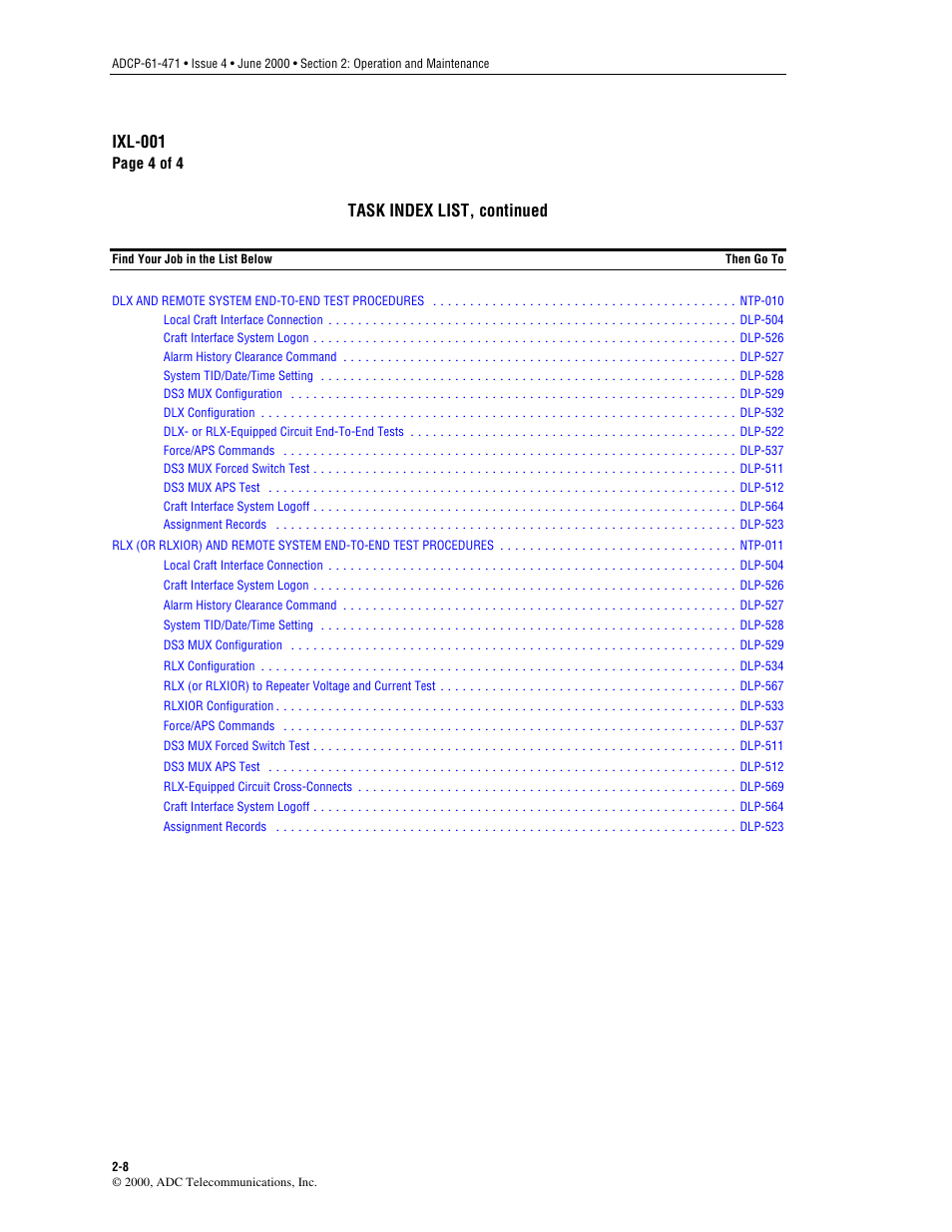 Ixl-001, Task index list, continued | ADC Soneplex Broadband System User Manual | Page 31 / 342