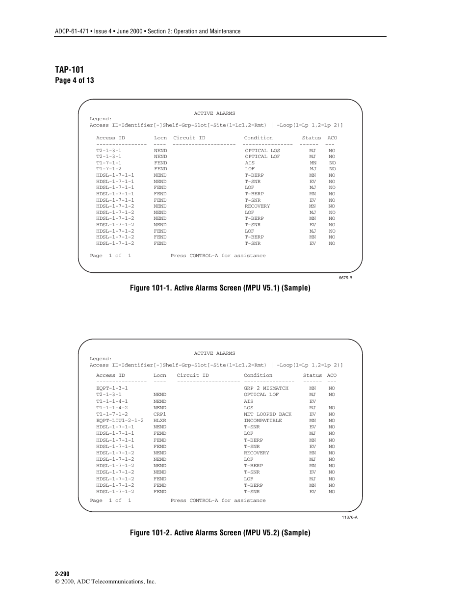 Are shown in, Figure 101-1, Mpu software version 5.1), and | Figure 101-2, Tap-101, Page 4 of 13 | ADC Soneplex Broadband System User Manual | Page 313 / 342