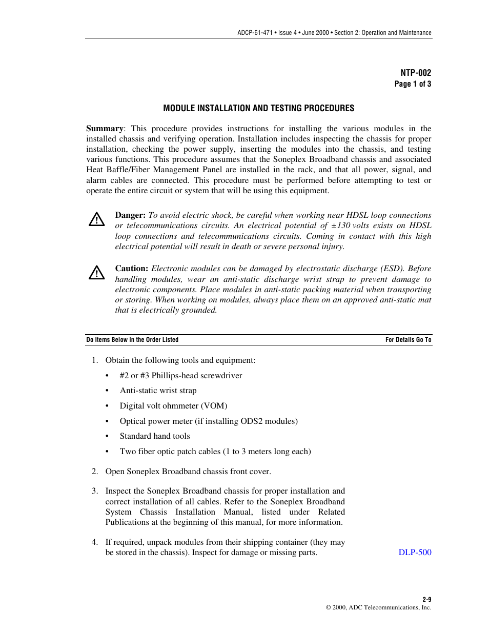 Ntps, Module installation and testing procedures | ADC Soneplex Broadband System User Manual | Page 32 / 342