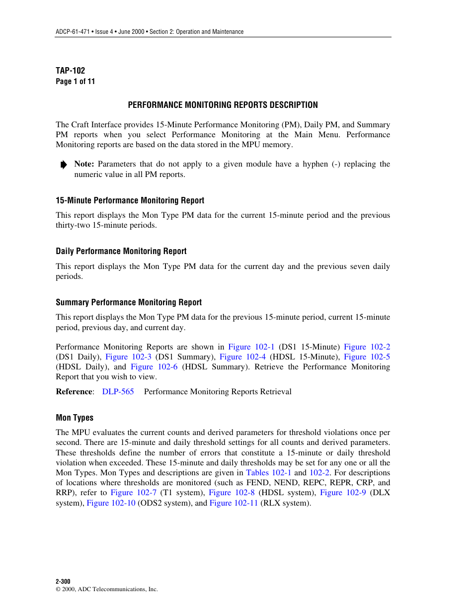 Performance monitoring reports description, Tap-102 | ADC Soneplex Broadband System User Manual | Page 323 / 342