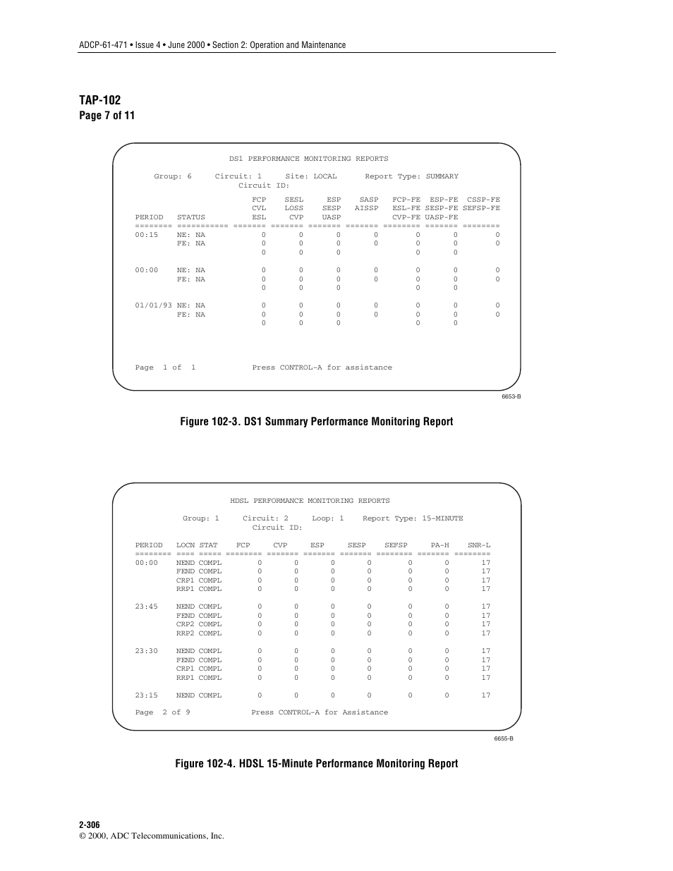 Daily), Figure 102-3, Ds1 summary) | Figure 102-4, Hdsl 15-minute), Ds1 summary), ne (near end), Summary), Tap-102, Page 7 of 11 | ADC Soneplex Broadband System User Manual | Page 329 / 342