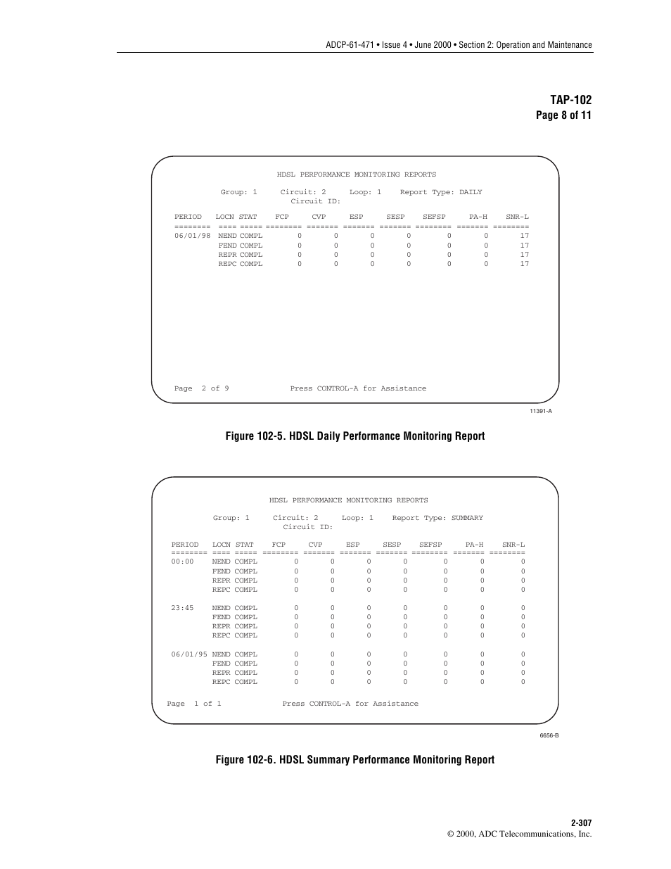 Figure 102-5, Hdsl daily), and, Figure 102-6 | Hdsl summary). retrieve the performance monitoring, Hdsl), and, Tap-102, Page 8 of 11 | ADC Soneplex Broadband System User Manual | Page 330 / 342