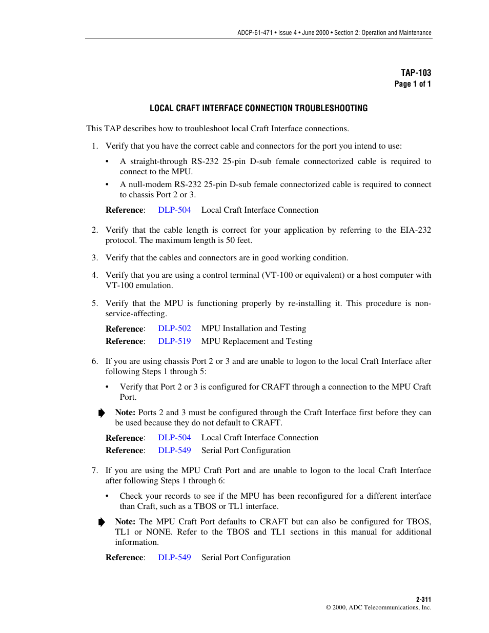 Local craft interface connection troubleshooting, Tap-103 | ADC Soneplex Broadband System User Manual | Page 334 / 342