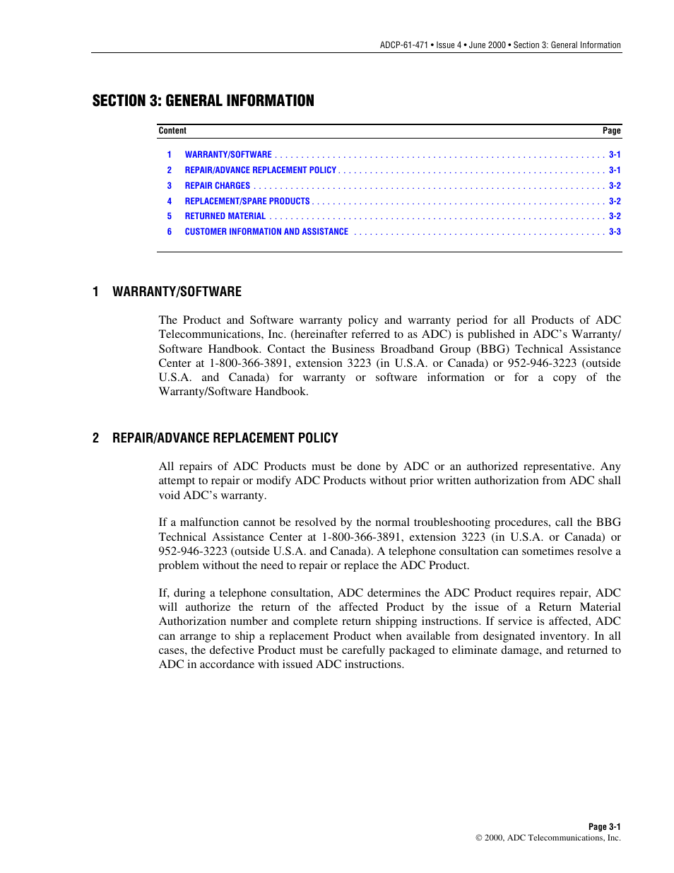 Warranty/software, Repair/advance replacement policy, Section 3 | General information, Warranty/software -1, Repair/advance replacement policy -1, 1 warranty/software, 2 repair/advance replacement policy | ADC Soneplex Broadband System User Manual | Page 339 / 342