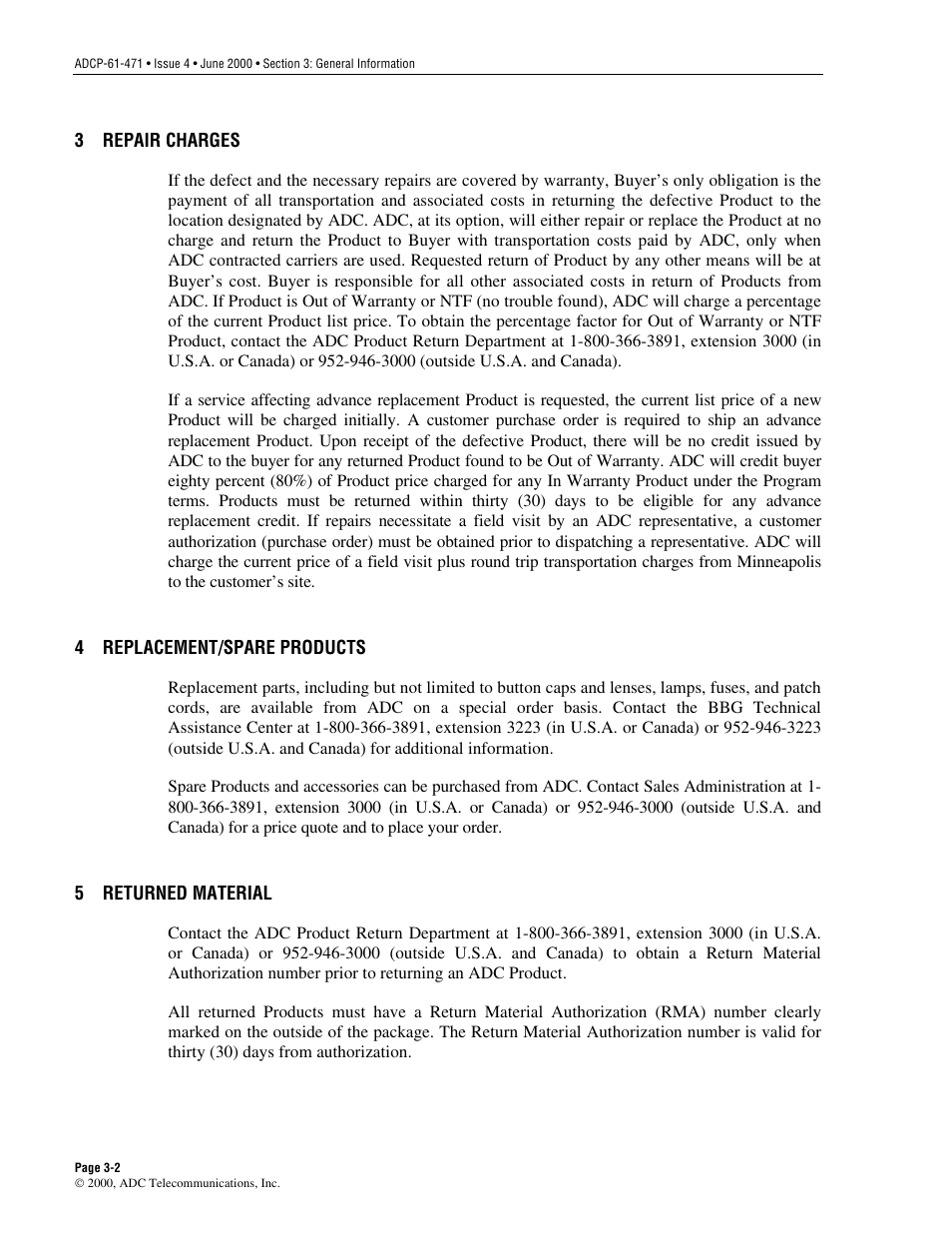 Repair charges, Replacement/spare products, Returned material | Repair charges -2, Replacement/spare products -2, Returned material -2 | ADC Soneplex Broadband System User Manual | Page 340 / 342