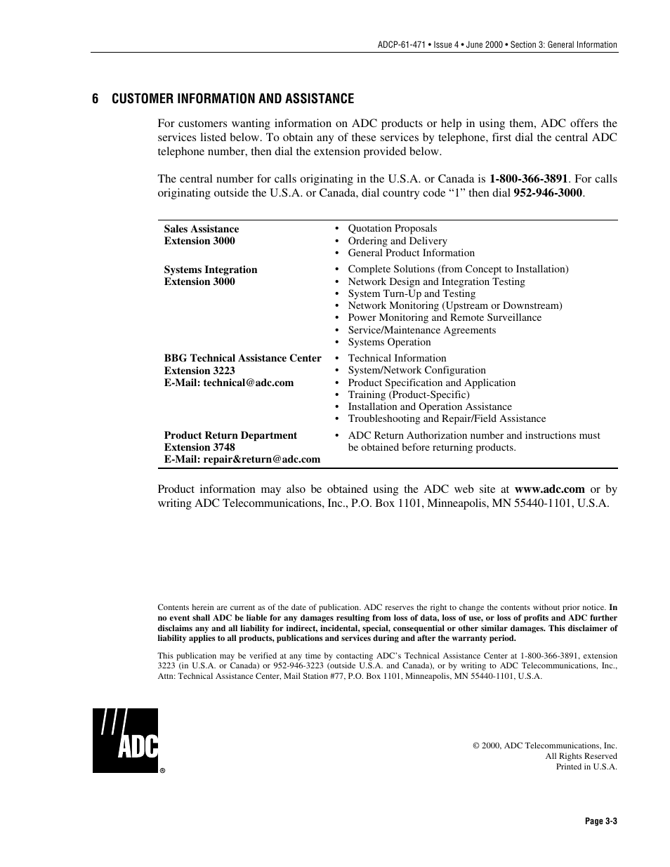 Customer information and assistance, Customer information and assistance -3, 6 customer information and assistance | ADC Soneplex Broadband System User Manual | Page 341 / 342