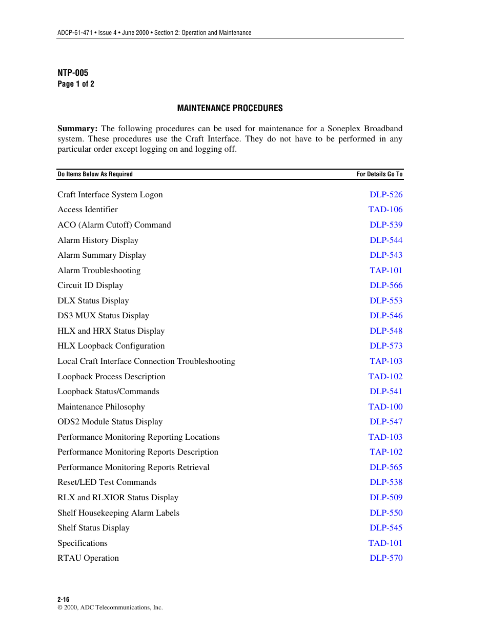 Maintenance procedures | ADC Soneplex Broadband System User Manual | Page 39 / 342