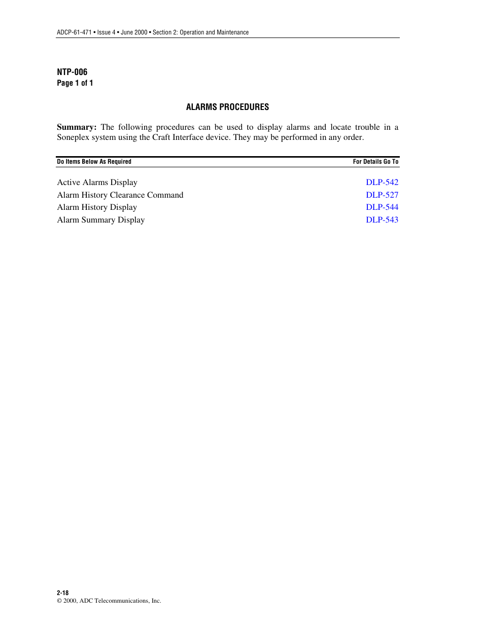 Alarms procedures | ADC Soneplex Broadband System User Manual | Page 41 / 342