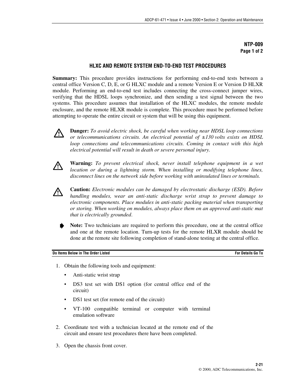 Hlxc and remote system end-to-end test procedures | ADC Soneplex Broadband System User Manual | Page 44 / 342