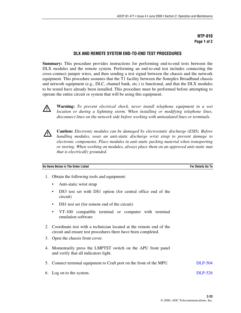Dlx and remote system end-to-end test procedures | ADC Soneplex Broadband System User Manual | Page 46 / 342