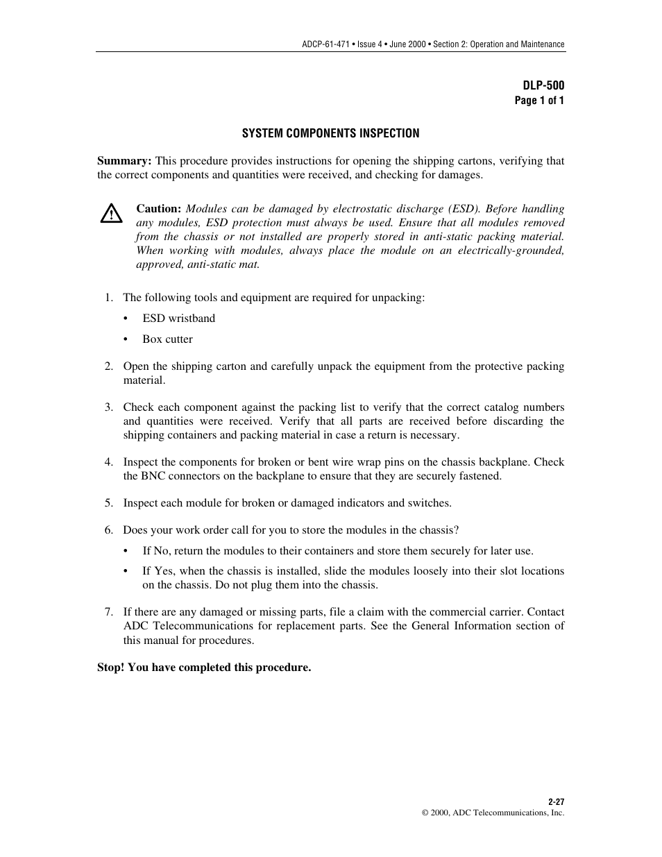 Dlps, System components inspection | ADC Soneplex Broadband System User Manual | Page 50 / 342