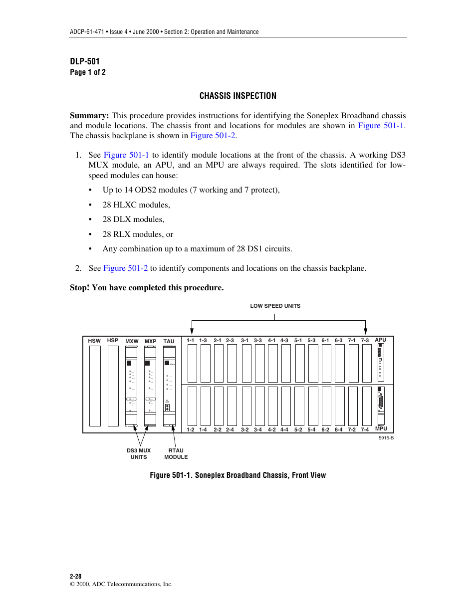 Chassis inspection, Dlp-501 | ADC Soneplex Broadband System User Manual | Page 51 / 342