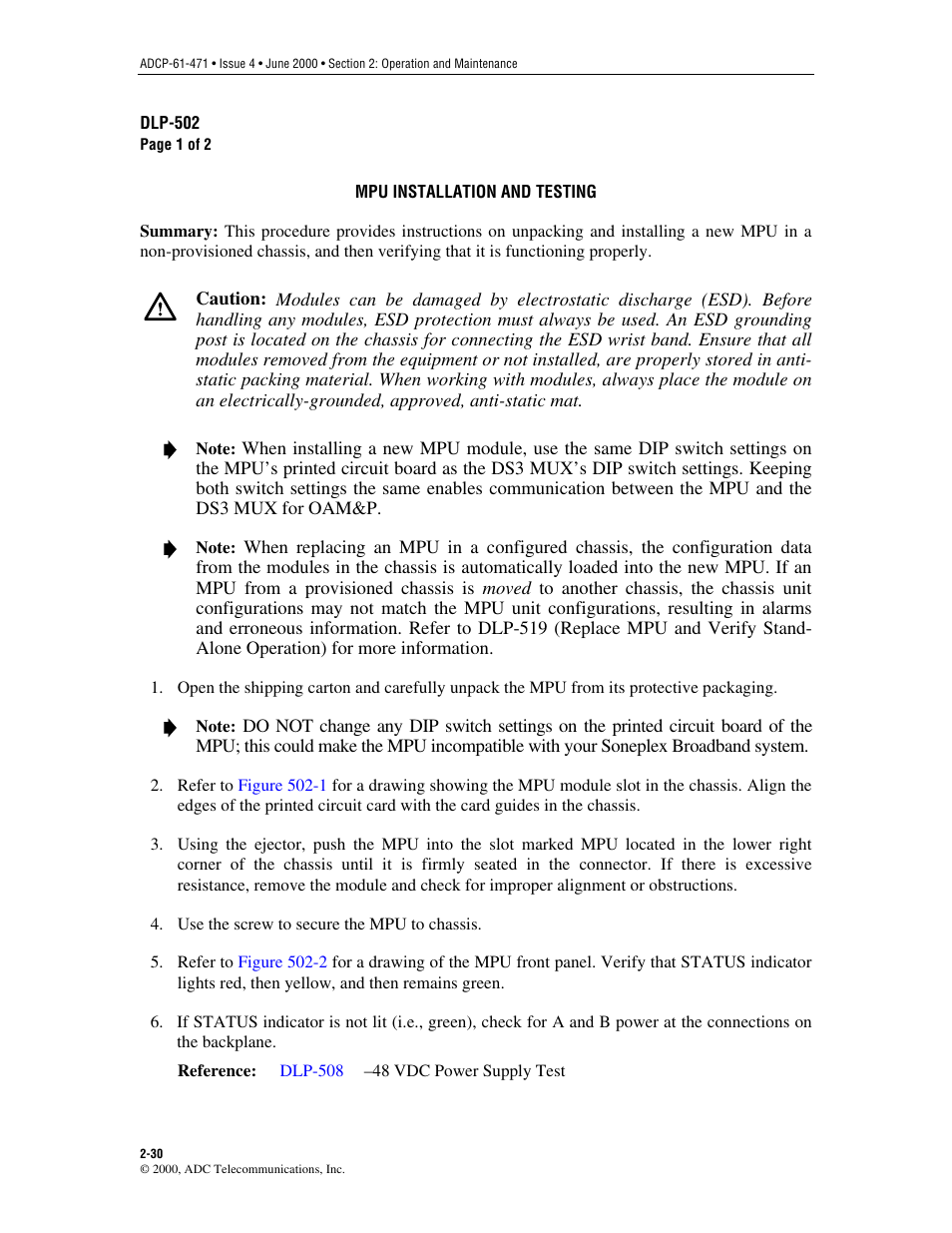 Mpu installation and testing, Dlp-502 | ADC Soneplex Broadband System User Manual | Page 53 / 342