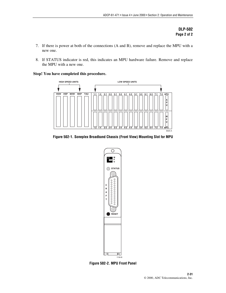 Refer to, Figure 502-1, For a drawing showing the mpu module slot in | Figure 502-2, Dlp-502, Page 2 of 2, Figure 502-2. mpu front panel | ADC Soneplex Broadband System User Manual | Page 54 / 342