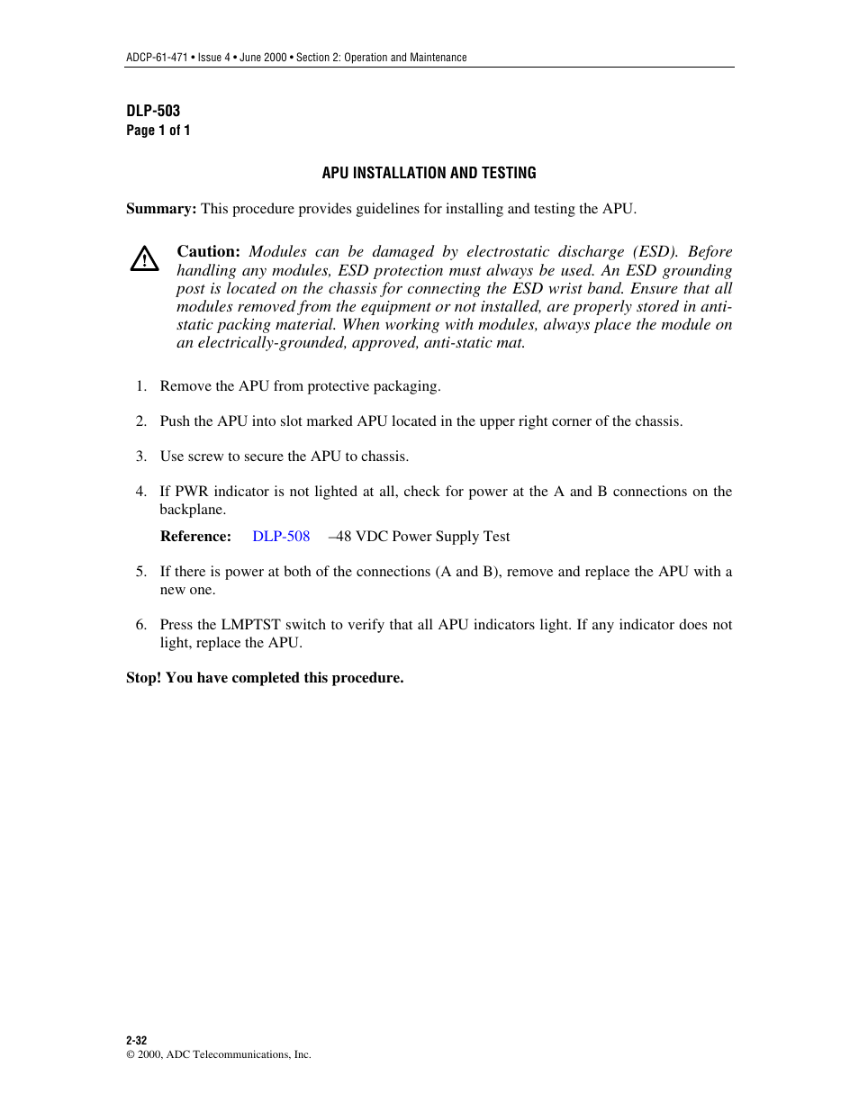 Apu installation and testing, Dlp-503 | ADC Soneplex Broadband System User Manual | Page 55 / 342