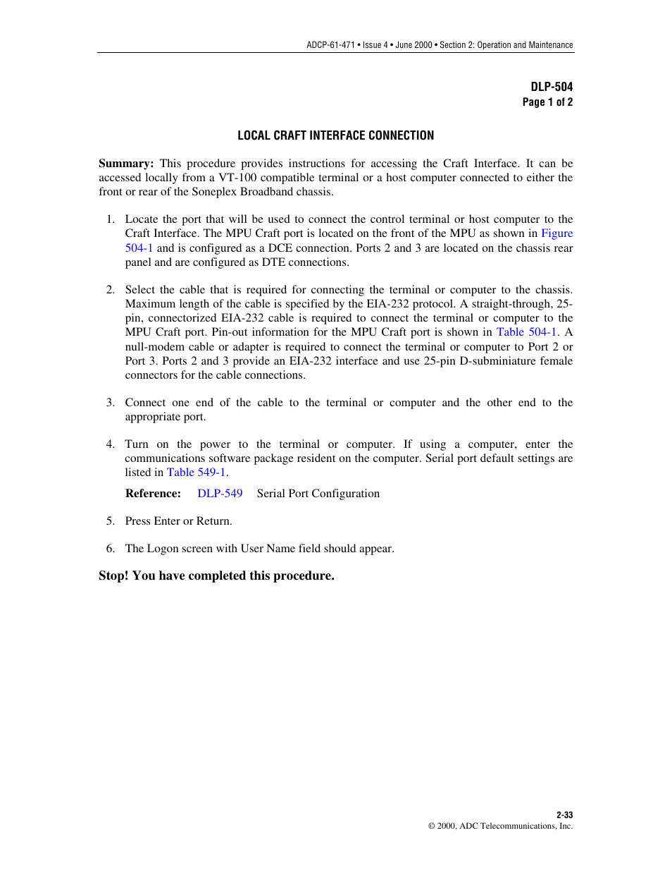 Local craft interface connection, Dlp-504 | ADC Soneplex Broadband System User Manual | Page 56 / 342