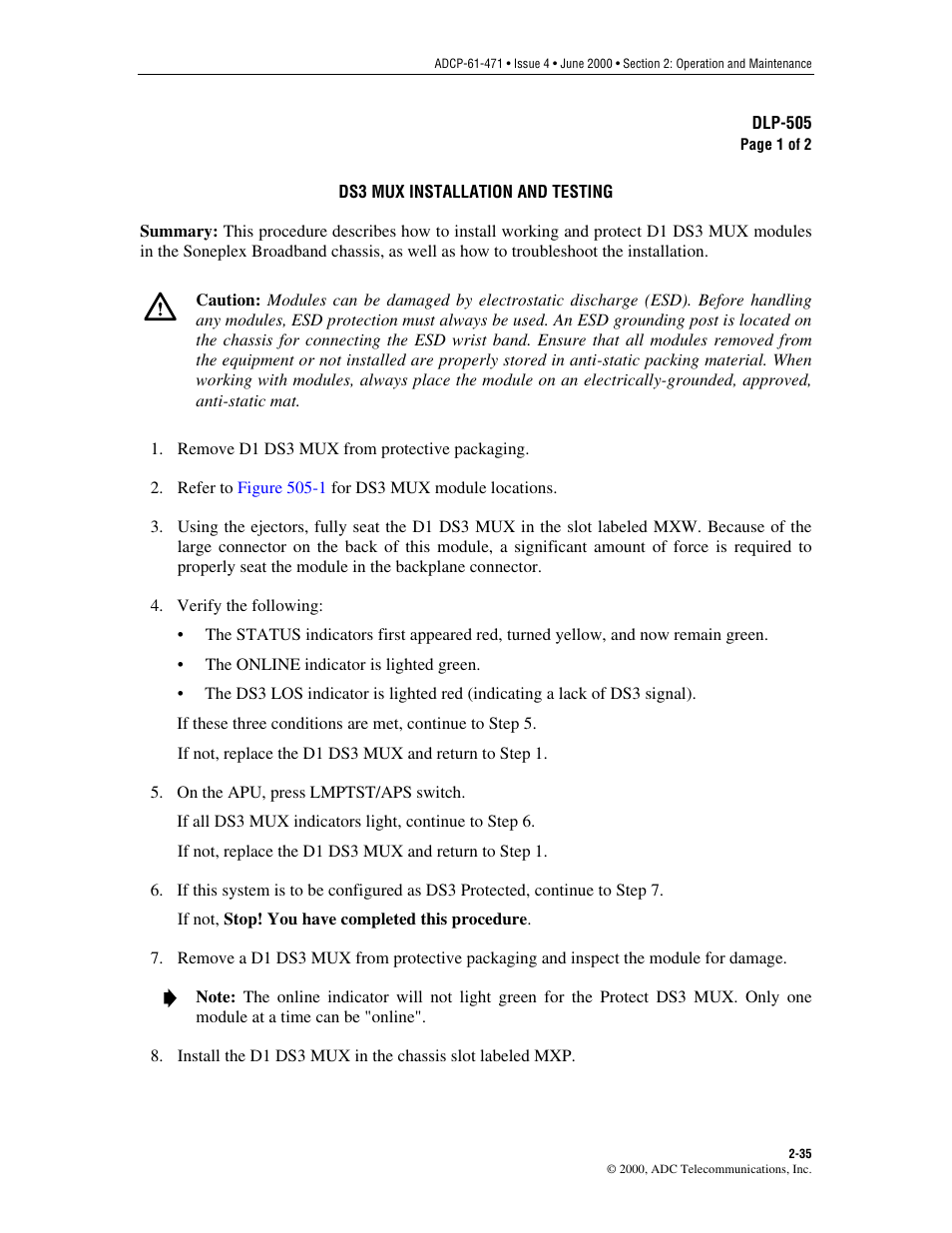 Ds3 mux installation and testing, Dlp-505 | ADC Soneplex Broadband System User Manual | Page 58 / 342