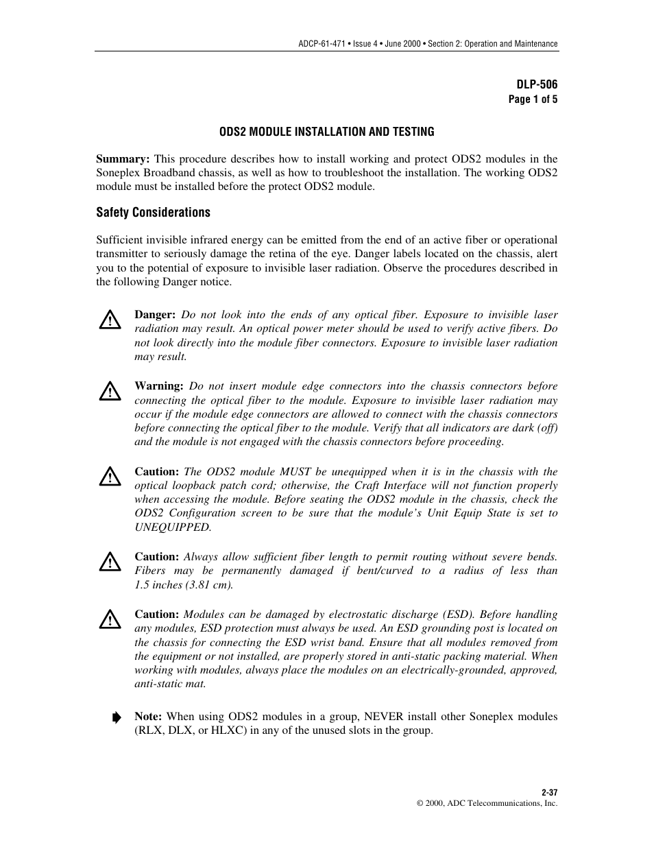 Ods2 module installation and testing, Dlp-506 | ADC Soneplex Broadband System User Manual | Page 60 / 342