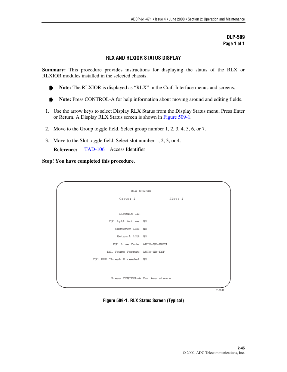 Rlx and rlxior status display, Dlp-509 | ADC Soneplex Broadband System User Manual | Page 68 / 342