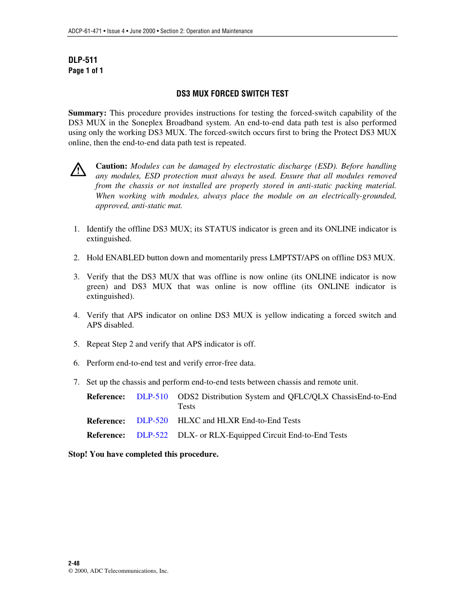 Ds3 mux forced switch test, Dlp-511 | ADC Soneplex Broadband System User Manual | Page 71 / 342