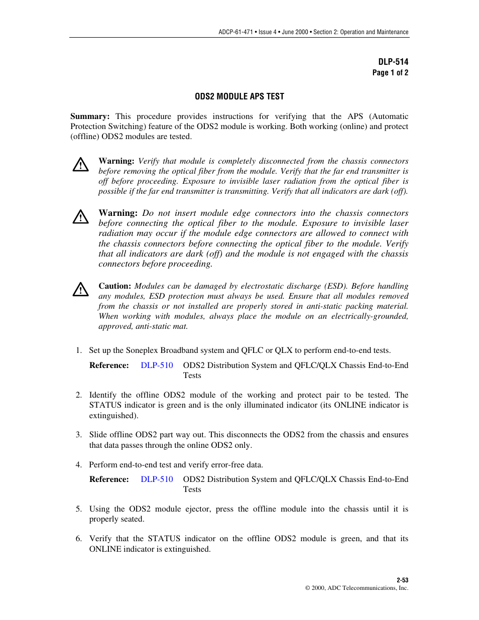 Ods2 module aps test, Dlp-514 | ADC Soneplex Broadband System User Manual | Page 76 / 342