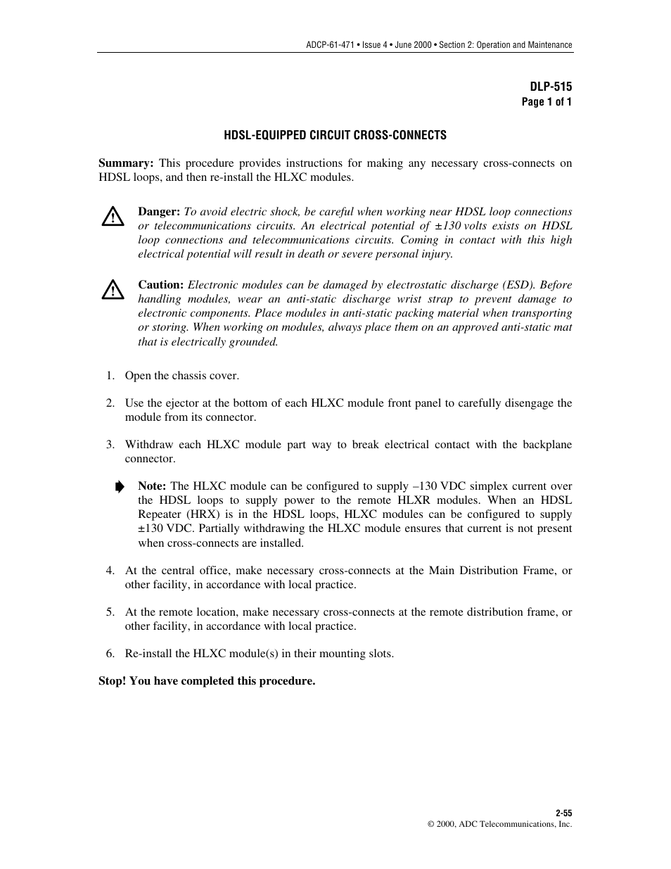 Hdsl-equipped circuit cross-connects, Dlp-515 | ADC Soneplex Broadband System User Manual | Page 78 / 342