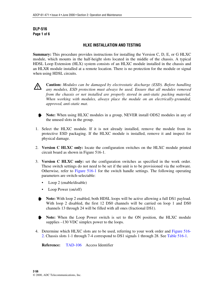 Hlxc installation and testing, Dlp-516 | ADC Soneplex Broadband System User Manual | Page 79 / 342