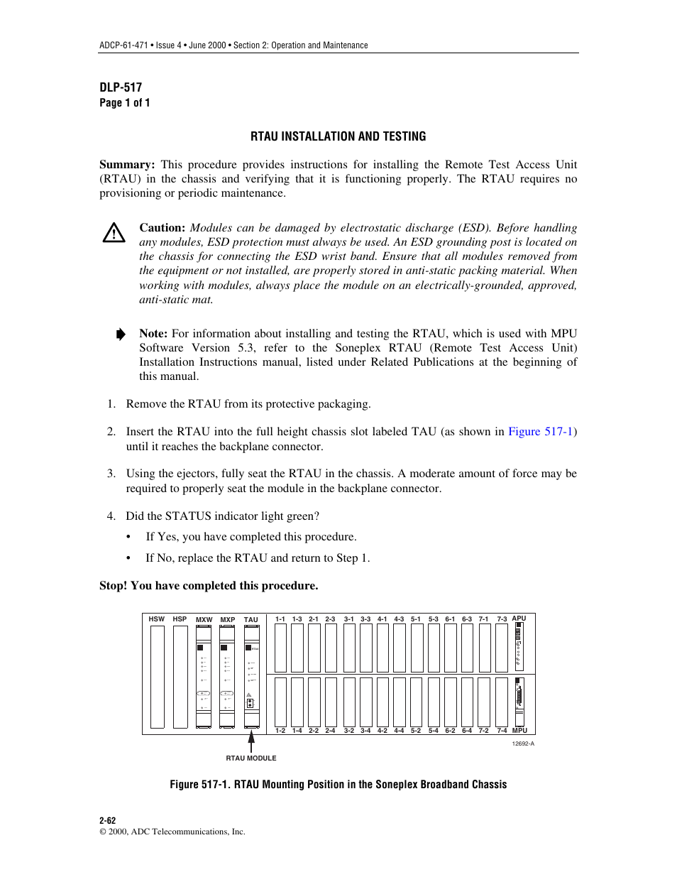 Rtau installation and testing, Dlp-517 | ADC Soneplex Broadband System User Manual | Page 85 / 342