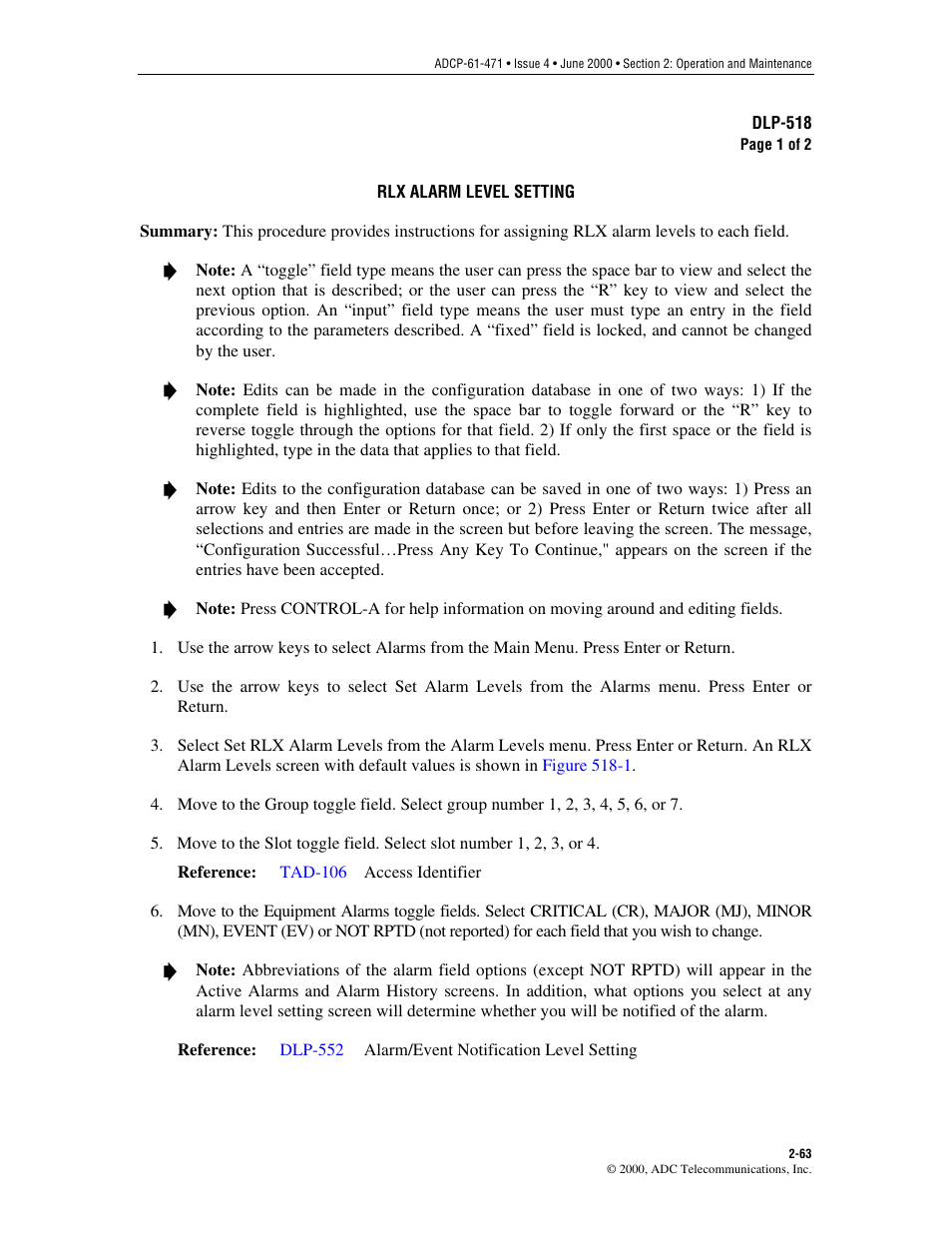 Rlx alarm level setting, Dlp-518 | ADC Soneplex Broadband System User Manual | Page 86 / 342