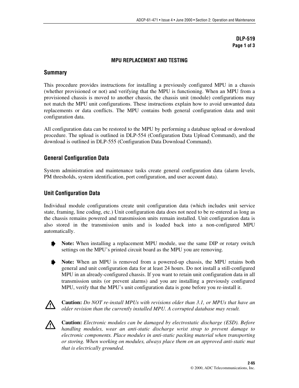 Mpu replacement and testing, Dlp-519 | ADC Soneplex Broadband System User Manual | Page 88 / 342