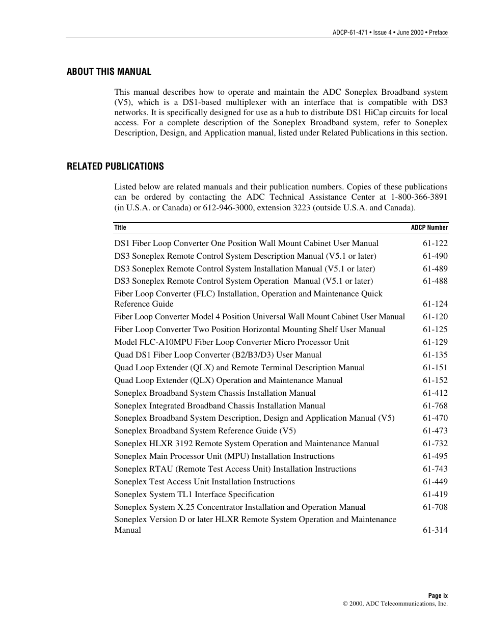 About this manual, Related publications | ADC Soneplex Broadband System User Manual | Page 9 / 342