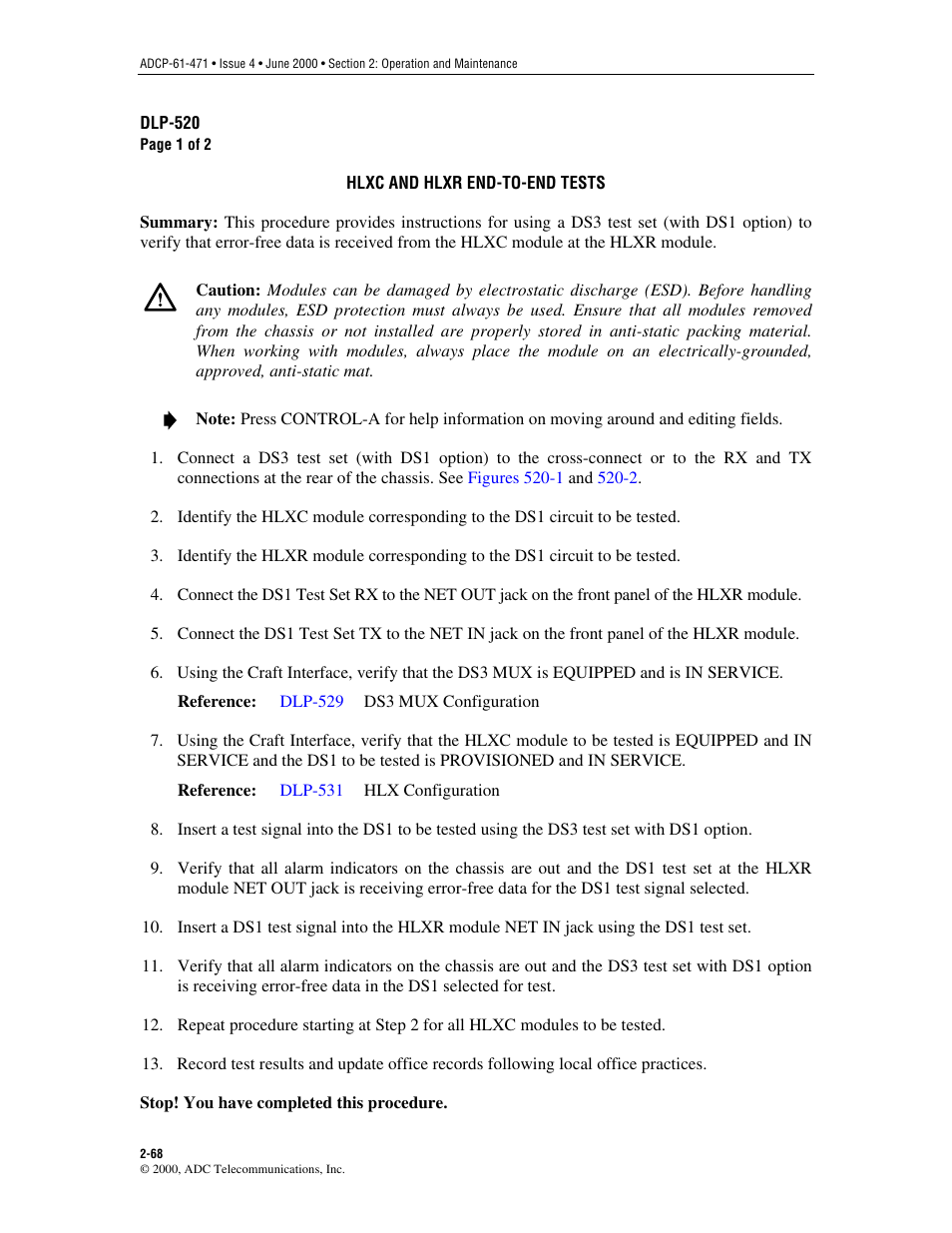 Hlxc and hlxr end-to-end tests, Dlp-520 | ADC Soneplex Broadband System User Manual | Page 91 / 342