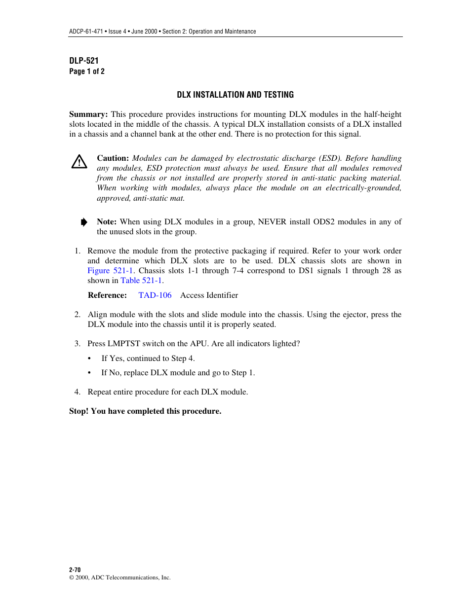 Dlx installation and testing, Dlp-521 | ADC Soneplex Broadband System User Manual | Page 93 / 342