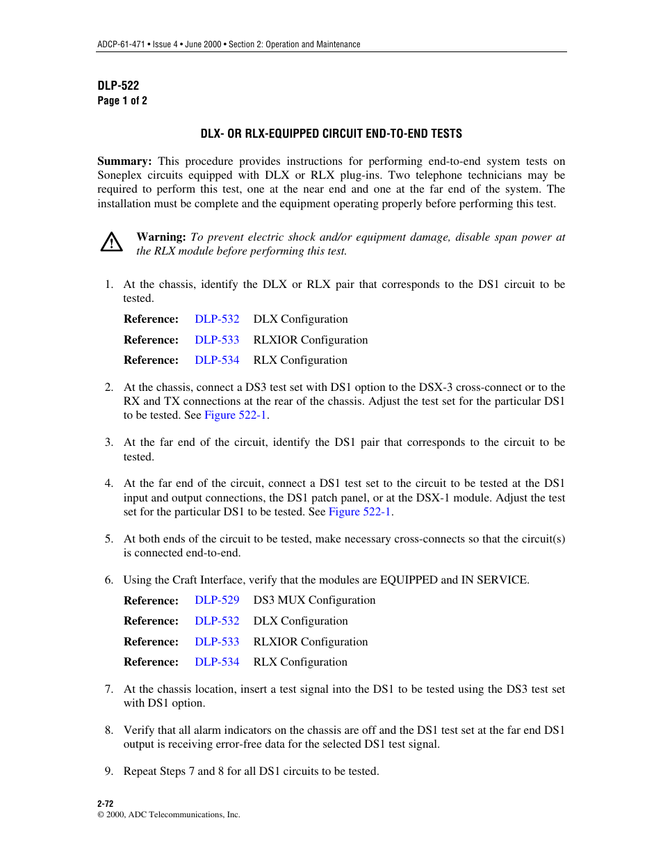 Dlx-or rlx-equipped circuit end-to-end tests, Dlp-522, Reference | ADC Soneplex Broadband System User Manual | Page 95 / 342