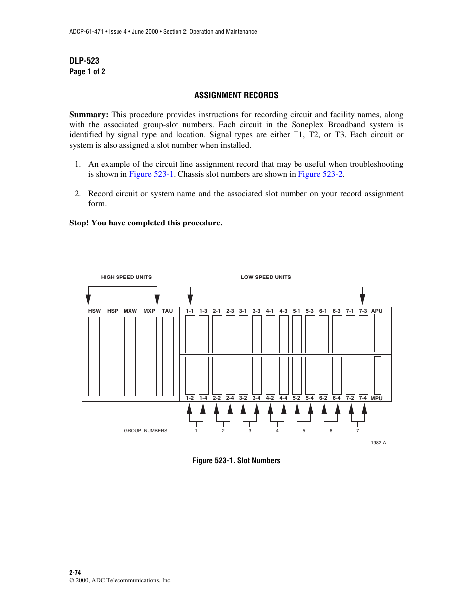 Assignment records, Dlp-523 | ADC Soneplex Broadband System User Manual | Page 97 / 342